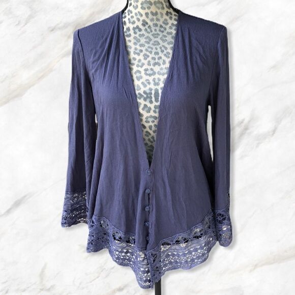 Simply Noelle Periwinkle Lace Accents Button Front Closure Cardigan - Picture 1 of 11